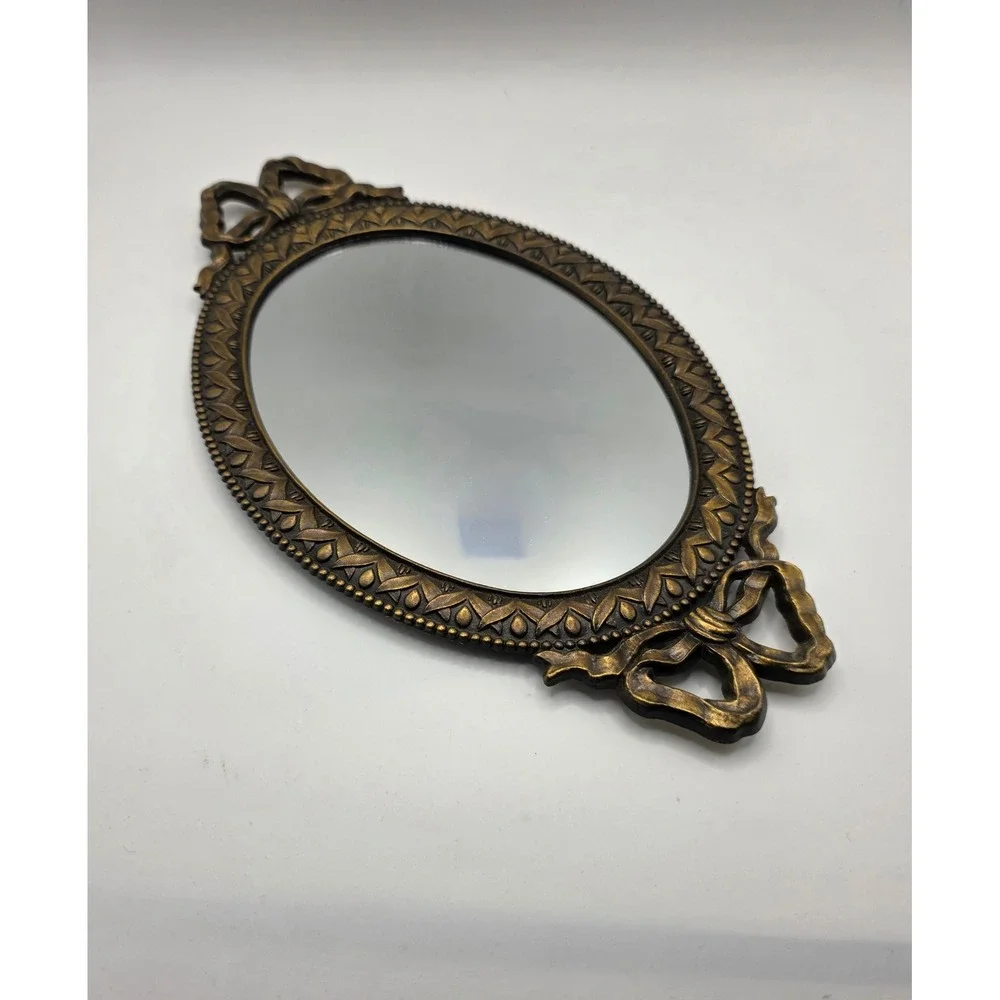 Vintage Style Oval Bronze Wall Mirror Ornate Bow Detail Hollywood Regency 10.5